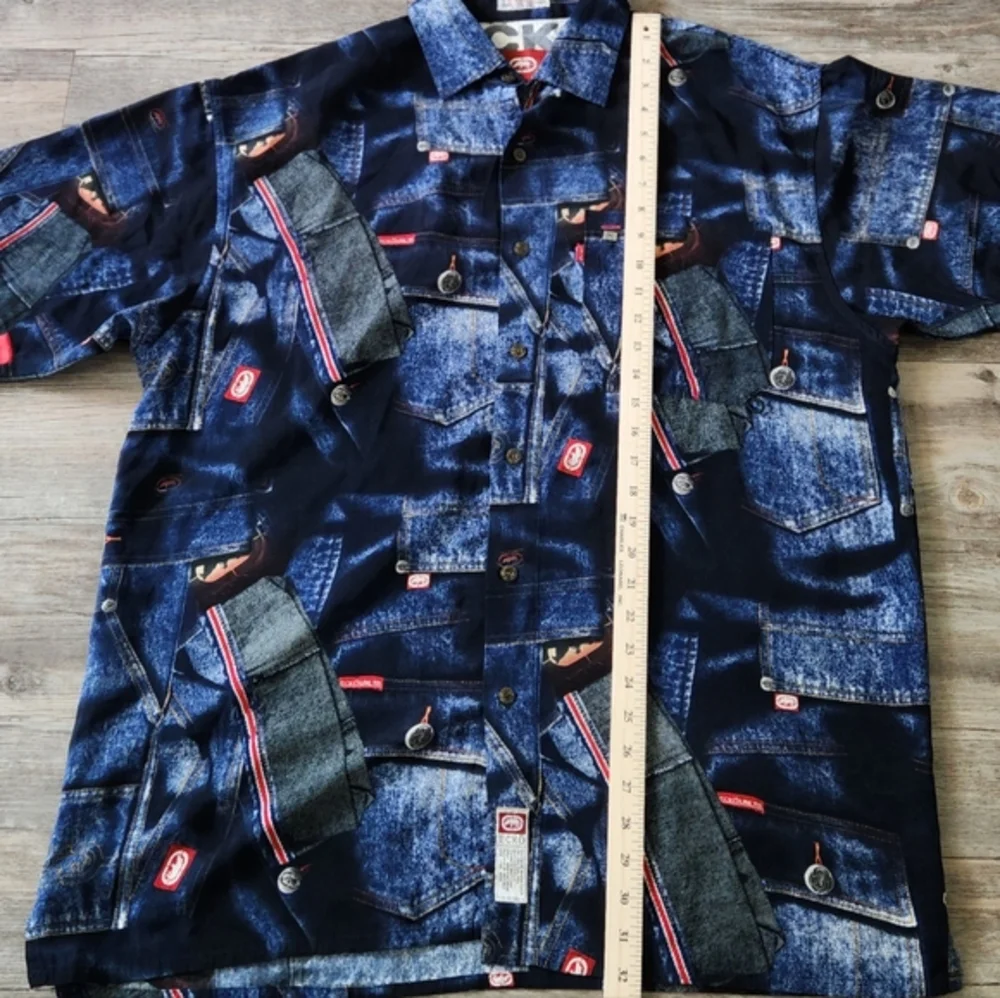 Vintage Ecko Utld RARE‎ Patchwork denim polyester button down Shirt Mens XL
